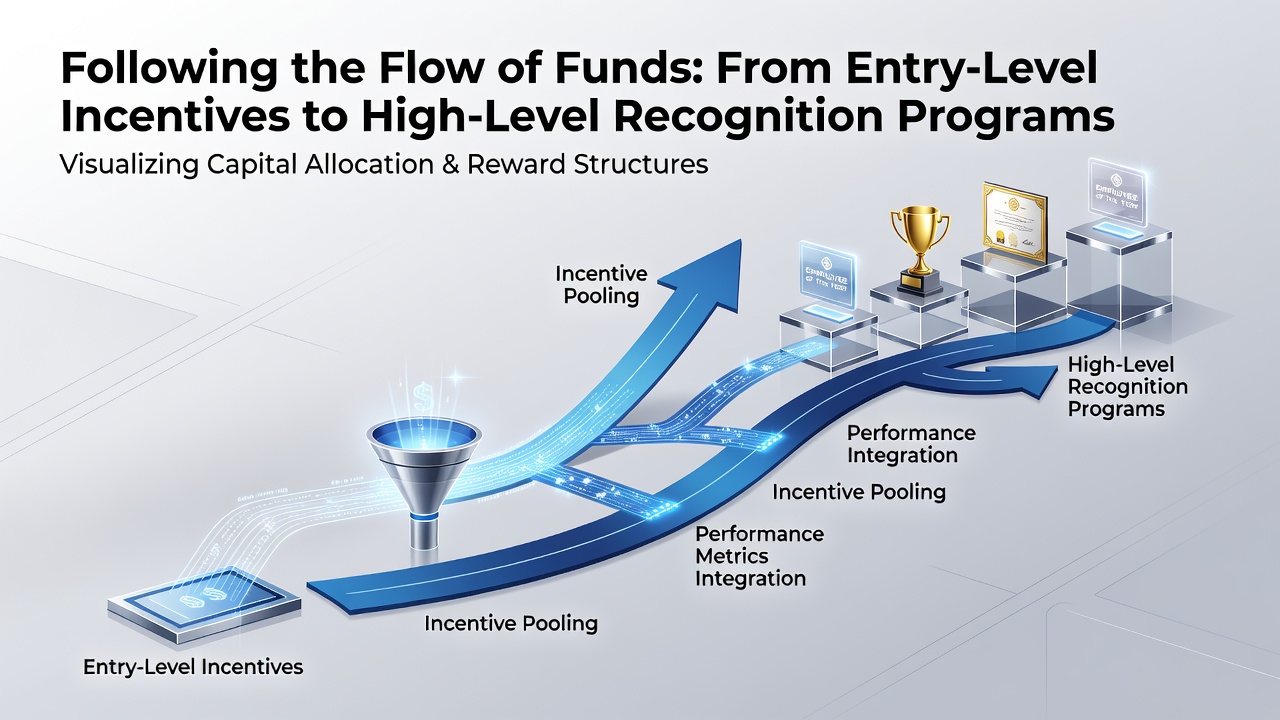 Corporate meeting room scene showing executives reviewing layered incentive program reports and fund allocation charts