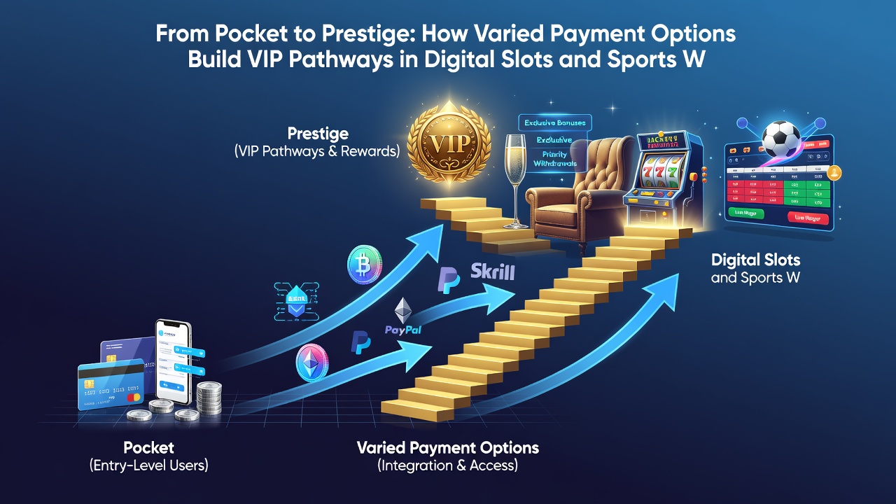 Flowchart diagram of varied payment options converting into prestige VIP benefits across digital gambling platforms