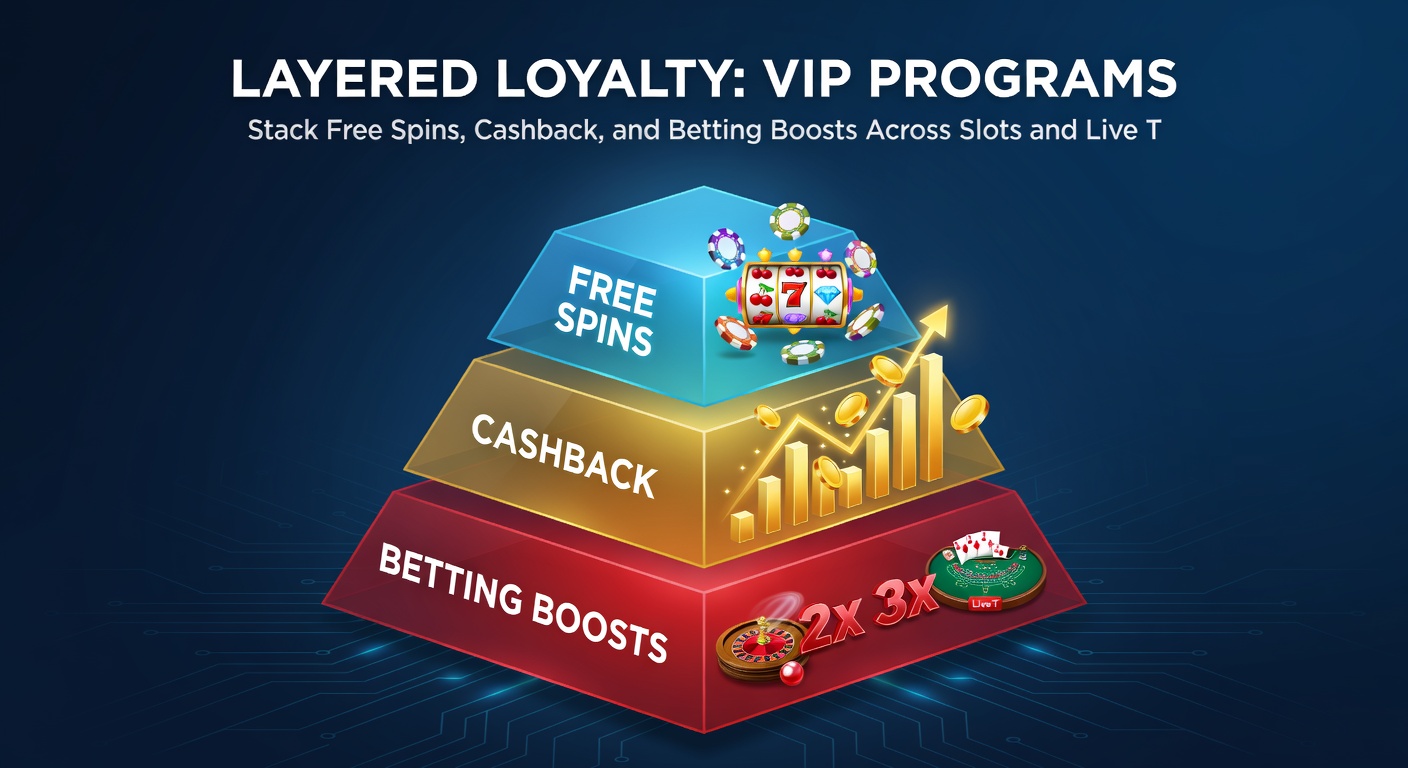 Dynamic VIP dashboard displaying stacked rewards: free spin counters ticking up, cashback meters filling, and betting boost notifications popping on a split-screen of slot machines and live dealer streams