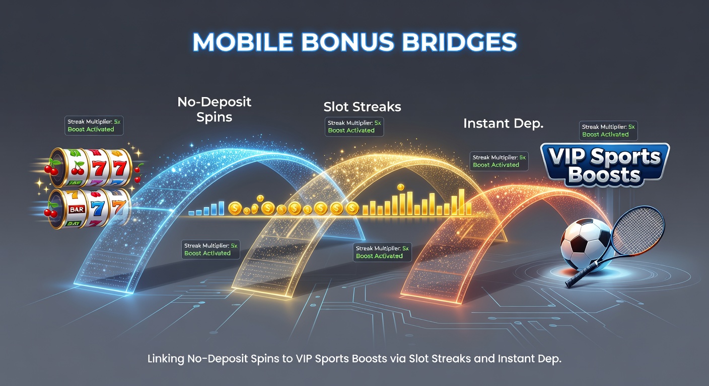 Dynamic graphic of a slot machine streak transitioning into a sports betting interface, with instant deposit lightning bolts connecting no-deposit spins to VIP boost icons