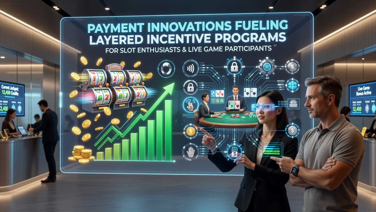 Payment technology interfaces displaying layered bonus structures for slots and live dealer games