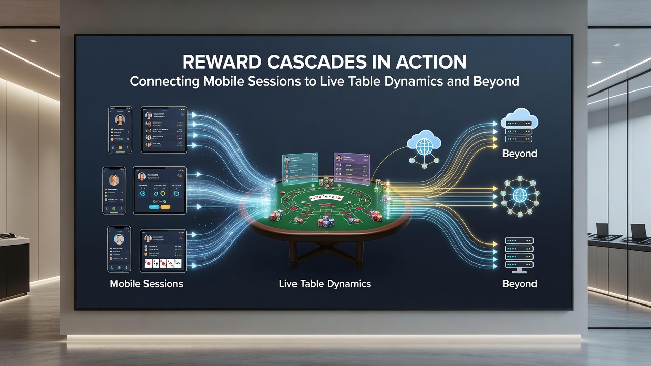 Flow diagram illustrating reward progression from mobile slots through live tables to additional game categories