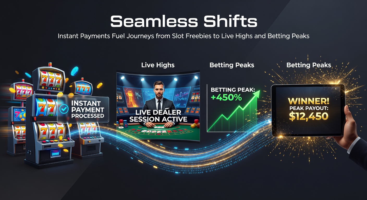 Illustration of a player's progression dashboard: arrows flying from colorful slot reels through live dealer cams to explosive sports betting odds boards, overlaid with instant payment speed lines