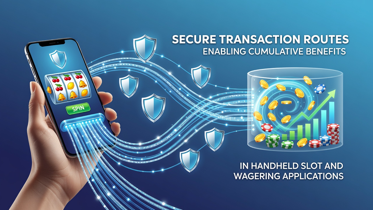 Secure mobile transaction routes illustrated on a handheld device showing slot and wagering interfaces