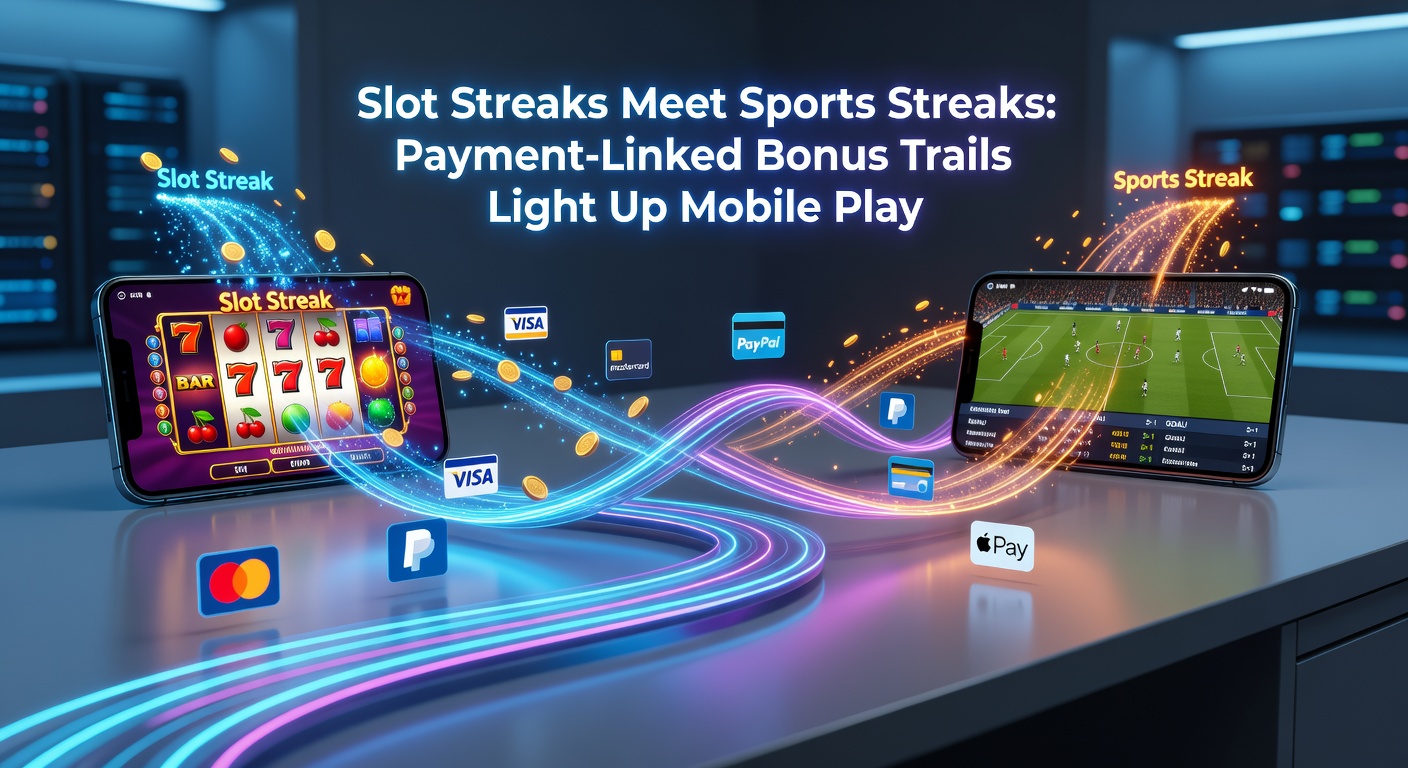 Dynamic graphic of a mobile app interface where slot bonus trails flow into sports betting streaks, highlighted by payment lightning bolts and glowing reward paths
